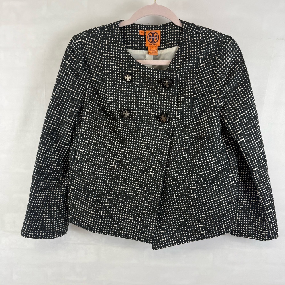 Tory Burch Women’s Sz 6 Jacket Black White Tweed Silk Wool Blend Double Breasted